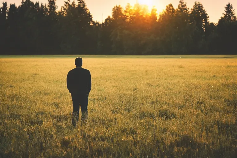 Image similar to Man stands on a meadow, 8k Photography, Golden hour