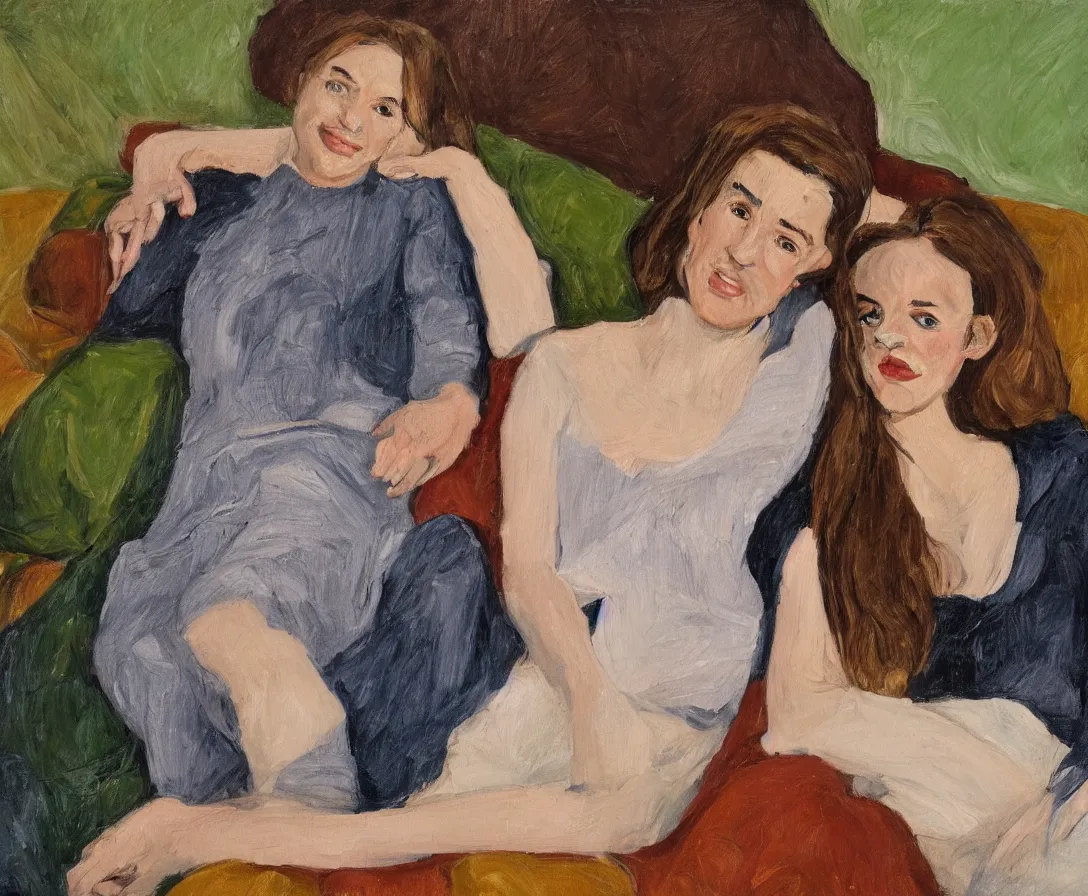 Prompt: portrait of pretty bella and esther with brown hair lying horizontal next to each other, in an old english apartment on a brown leather sofa. one is wearing a dark blue sweather, the other a white shirt. close up. in the style of lucien freud. oil painting. green light. thick colorful brush strokes. smiling