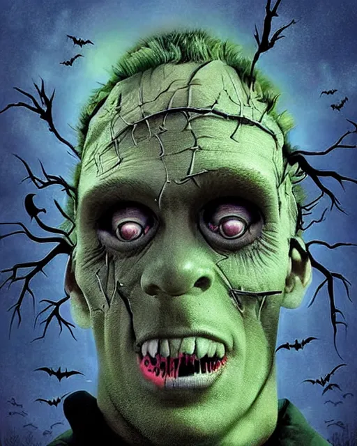 Prompt: halloween frankenstein's monster theme surrealist art in the styles of igor morski, jim warren, and a tim burton film, intricate, hyperrealistic, accurate facial details, profile picture with chromakey!!!!! background, milk - bath effect, volumetric lighting
