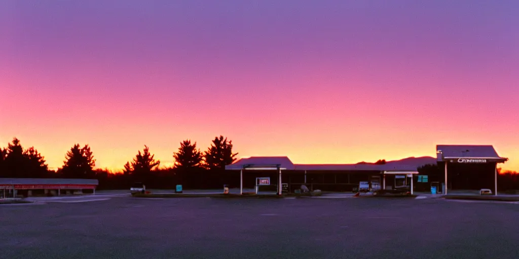 Prompt: a lonely port byron travel plaza in the middle of nowhere, sunset, eerie vibe, leica, 2 4 mm lens, cinematic screenshot from the 2 0 0 1 film directed by charlie kaufman, kodak color film stock, f / 2 2, 2 4 mm wide angle anamorphic