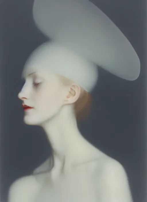 Image similar to out of focus photorealistic portrait of a beautiful pale young woman by sarah moon, very blurry, translucent white skin, closed eyes, foggy, closeup, with a weird hat