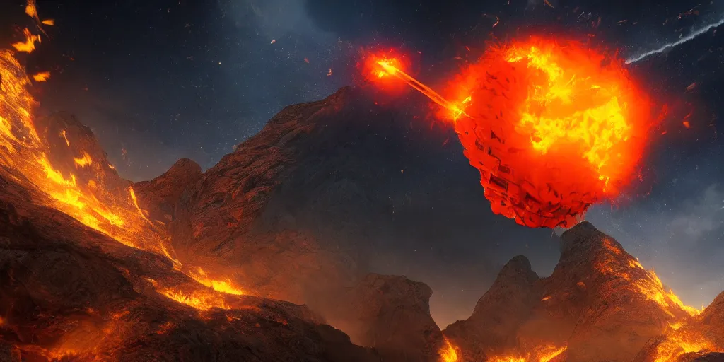 Image similar to giant fire ball attack comes from mountains, night, epic, dramatic, realistic, artstation, 8 k, high details