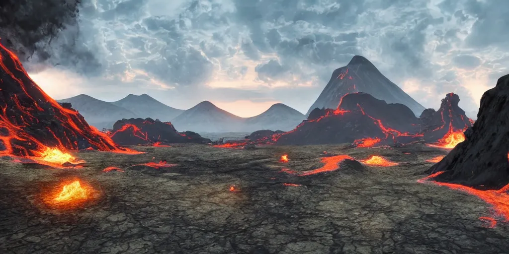 Prompt: Volcanic Landscape Highly detailed, photorealism, HD quality, 8k resolution, cinema 4d, unreal engine 5, beautiful, cinematic