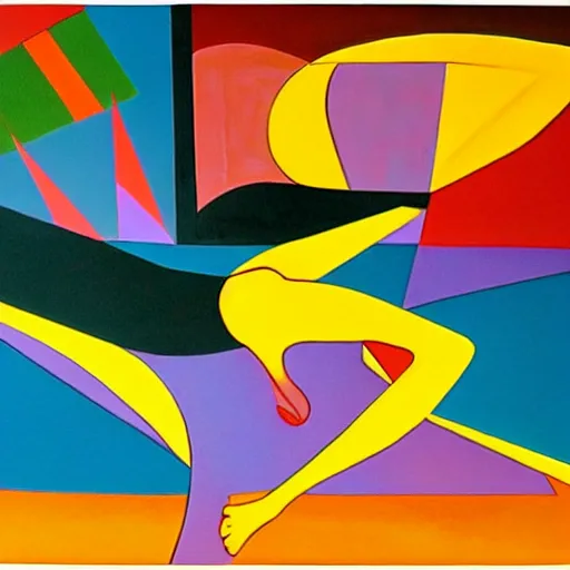 Image similar to woman woman dances by the river at sunset , abstract art in the style of cubism and georgia o’keefe ,