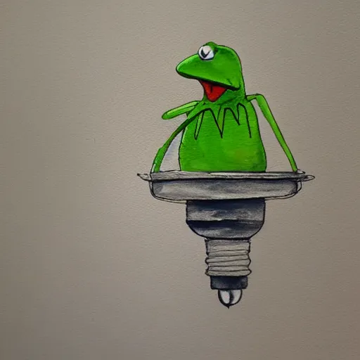 Image similar to Kermit the Frog trapped in a lightbulb, water color painting