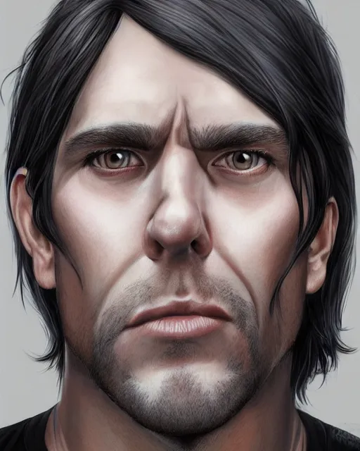 Prompt: portrait of tall, tired 3 3 - year - old handsome man with long black hair, grey eyes, wearing black clothes, hyper realistic face, beautiful eyes, character art, art by mark brooks, hyperdetailed, cryengine, trending on artstation, digital art