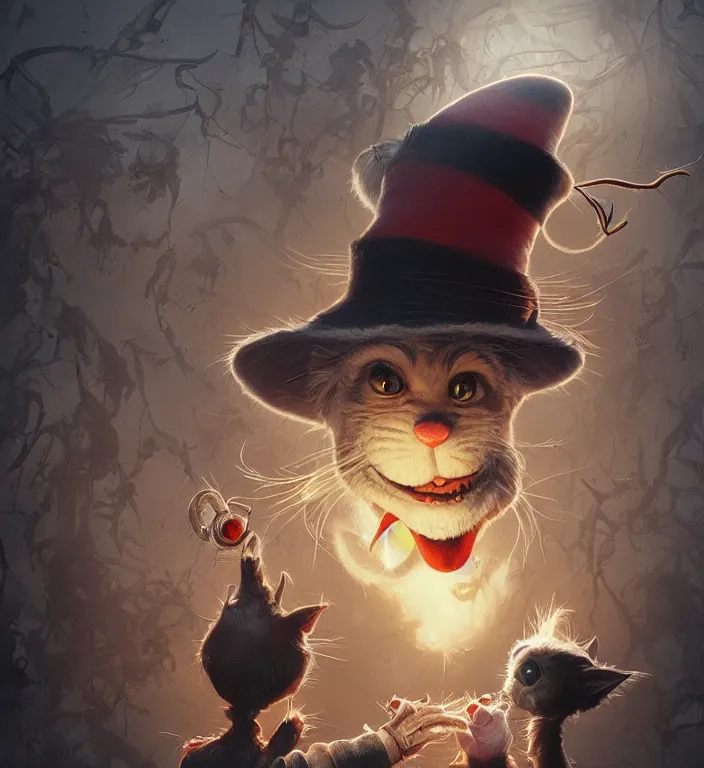 Prompt: complex 3 d render, hyper detailed, ultra sharp, of the cat in the hat, scary, cosmic horror, cinematic, natural soft light, rim light, art by greg rutkowski and artgerm and norman rockwell, dr seuss