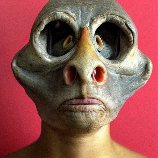 Image similar to chicken headed human, mugshot