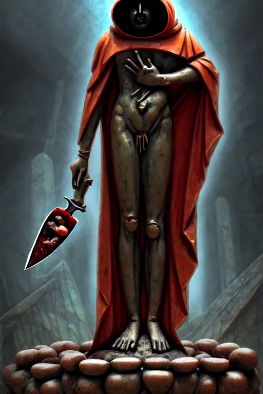 Image similar to an ancient statue of a hooded cultist is holding a bloody knife in one hand and a tomato on the other, standing in a forgotten temple to an eldritch god, by patrick mcenvoy and michael komarck and fantasy flight, incredible quality, trending on artstation