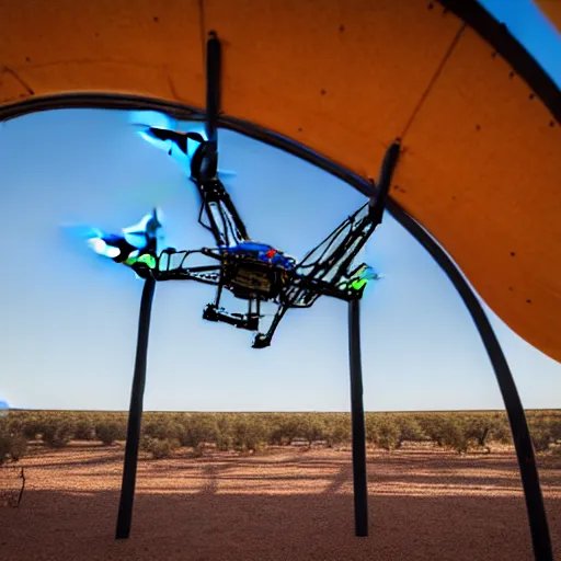 Image similar to flying robotic drone 3d printer, giant extrusion nozzle printing an earthship house frame in the australian desert, XF IQ4, 150MP, 50mm, F1.4, ISO 200, 1/160s, dawn