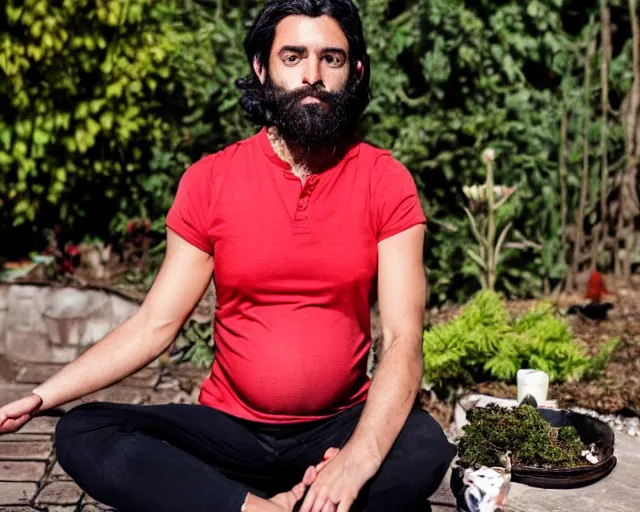 Prompt: mr robert smoke weed and meditate in the garden, he has dark black hair, young, detailed glad face, muscular chest, pregnant belly, golden hour closeup photo, red elegant shirt, eyes wide open, ymmm and that smell