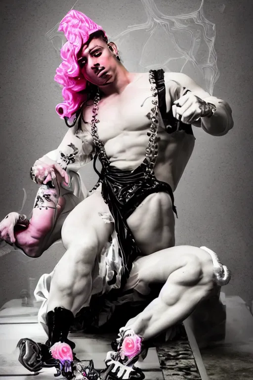 Image similar to full-body rococo and cyberpunk style neon statue of a muscular attractive Camilo wearing cholo shades macho dotado e rico android sim roupa reclining con las piernas abertas e la piroca dura, ethereal white dripping tar, glowing white lasers, pink tigers, glowing eyes, silver prince crown, black gears, pink diamonds, swirling mint-colored silk fabric. futuristic elements. full-length view. human skulls. large intricate artwork by caravaggio. Trending on artstation, octane render, cinematic lighting from the right, hyper realism, octane render, 8k, depth of field, 3D