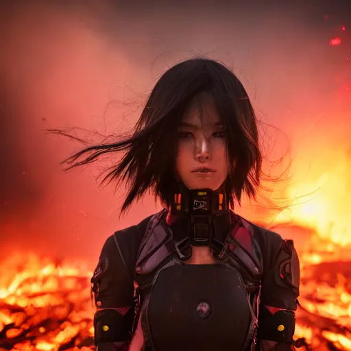 Prompt: beautiful android girl in full battle gear in a destroyed city, surrounded by fire, ground fog, moody lighting, 8 k, shallow depth of field, cinematic lighting,