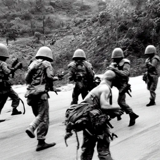 Image similar to t rex fighting alongside us soldiers in the vietnam war, black and white, eddie adams, david burnett, robert capa, al chang, niel davis, marc riboud