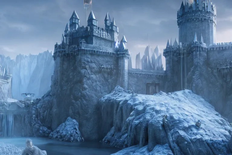 Image similar to a very detailed concept art of game of thrones gates to frozen fantasy world, trending on artstation, digital art, 4 k, hyper realistic, octane render, sharp focus