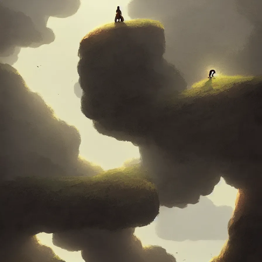 Image similar to Image from afar, man looking from the top of a large rock cliff, the sea hits the large stones hard, the clouds let through subtle rays of light, art by Goro Fujita, ilustration, concept art, sharp focus, ArtStation and deviantart