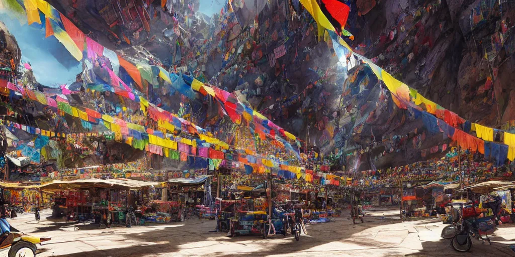 Prompt: cinematic shot of a vibrant bustling marketplace with prayer flags, on the edge of space, in a massive cavernous iron city, dappled light, colossal arcing metal structures high in the cavernous metal interior, sci - fi, beautiful, awe inspiring, by james gurney, greg rutkowski, sparth, thomas kinkaide, cinematography, cinematic masterpiece