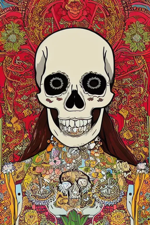 Image similar to skull portrait half girl half skeleton illustration detailed patterns art of thai traditional dress, pop art, splash painting, art by geof darrow, ashley wood, alphonse mucha, makoto shinkai