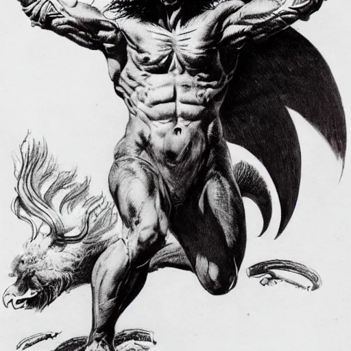 Image similar to a creature with the body and eyes of a man, with the beak of an eagle, the mane of a lion, and the horns of an ox. drawn by frank frazetta