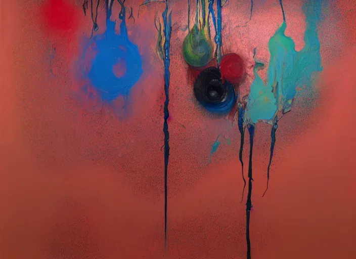 Prompt: abstract painting by eddie martinez and pat steir and hilma af klint, psychological, photorealistic, dripping paint, washy brush, oil on canvas, matte painting, rendered in octane, altermodern, masterpiece