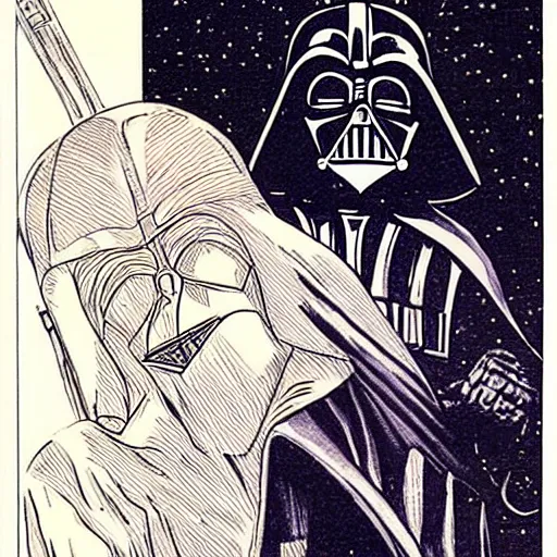 Image similar to a romance novel cover from 1 9 8 3, paperback, drawing, darth vader and yoda on the cover, romantic