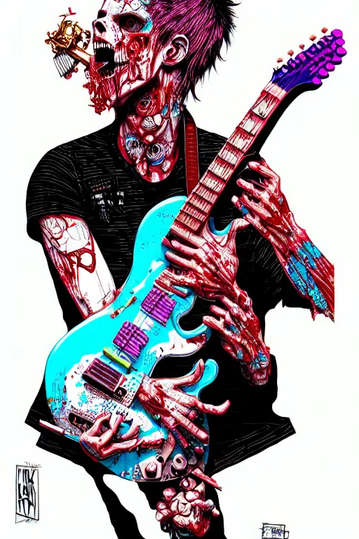 Prompt: risograph of a punk zombie playing guitar, tristan eaton, victo ngai, artgerm, rhads, ross draws, intricated details