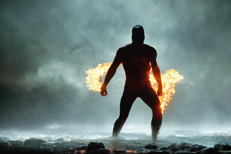 Image similar to a cinematic wide - angle photograph of a mutant made of fire walking through a river in a vast serene landscape, beautiful lighting, high depth, ultra realistic, artistic, by zack snyder and john harris