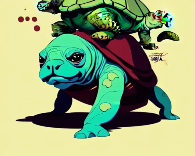 Image similar to cell shaded cartoon of an adorable turtle with a bulldog's head, concept art by josan gonzales and wlop, by james jean, victo ngai, david rubin, mike mignola, deviantart, art by artgem
