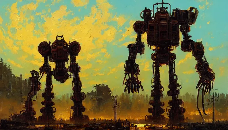 Image similar to an intricate oil painting of a giant scrap metal anime mecha with by simon stalenhag, golden hour