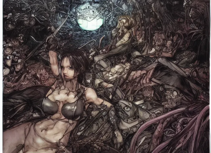 Image similar to my bed is a forest with a giant cthulhuin night and giant eyes dark color by, yoji shinkawa, yoshitaka amano, tsutomu niehi, moebius, donato giancola, trending on artstation, featured on pixiv, cinematic composition