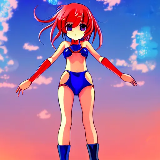 Image similar to digital anime art, very small cute girl standing on a large table, red mech arms and red mech legs,