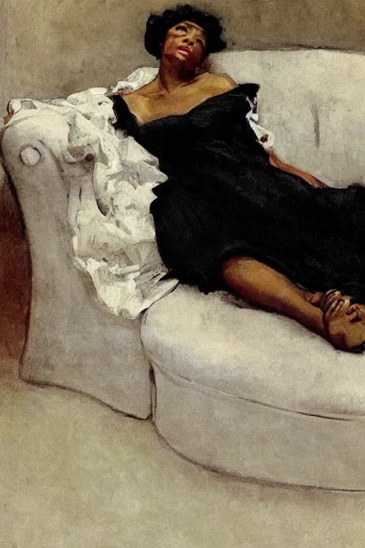 Prompt: black european woman in a gown laying on couch, bloom flowers, modern, eclectic, illustration, by ramon casas