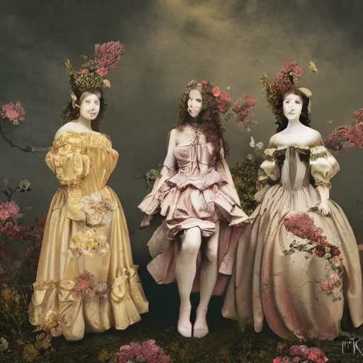 Image similar to 8k, octane render, realism, tonalism, renaissance, rococo, baroque, group of realistic creepy young ladies wearing long harajuku manga dress with flowers and skulls, background chaotic gold leaf flowers