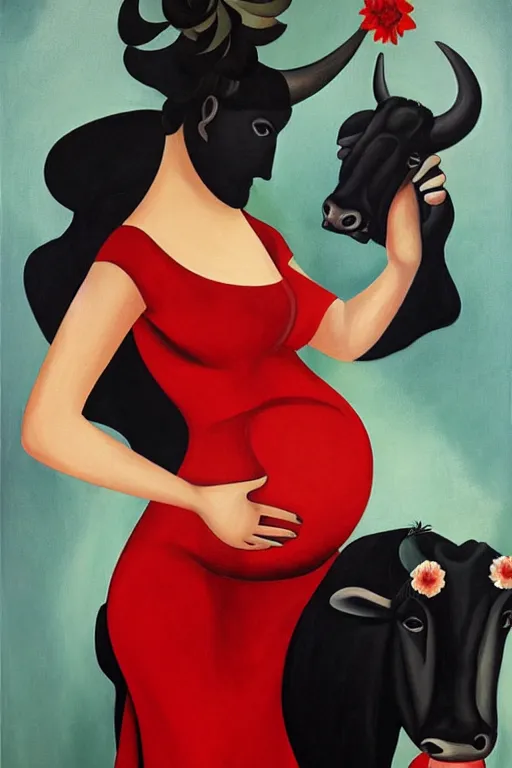 Prompt: highly detailed painting of pregnant flamenco dancer with a black bull head wearing red flower dress by tamara de lempicka