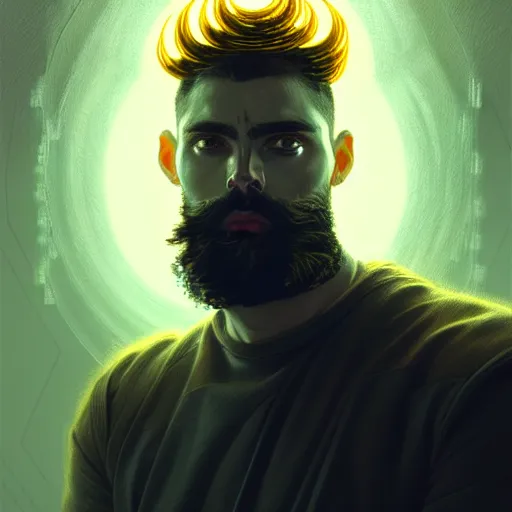 Prompt: bearded man with extremely large and intricate haircut with angry yellow eyes and slim features looking askance, eye cyberpunk bionics, retro futurist style, intricate, elegant gleaming intricate baroque jewelry, angelic halo, highly detailed, digital painting, artstation, concept art, smooth, sharp focus, illustration, art by wlop, mars ravelo and greg rutkowski,