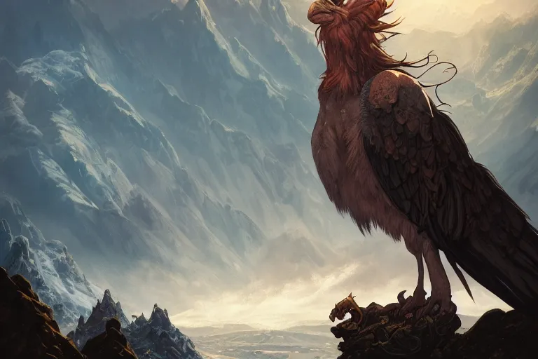 Prompt: gryphon on a beautiful fantasy landscape, mountainside, winter, moonlit, HD, illustration, epic, D&D, fantasy, intricate, elegant, highly detailed, digital painting, artstation, concept art, smooth, sharp focus, illustration, wallpaper, art by artgerm and greg rutkowski and alphonse mucha and jin xiaodi