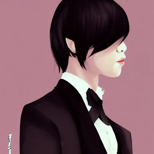 Prompt: portrait of a beautiful korean girl wearing a men's tuxedo, with long hair and bangs,  angular features, angry expression, digital art, elegant pose, detailed illustration