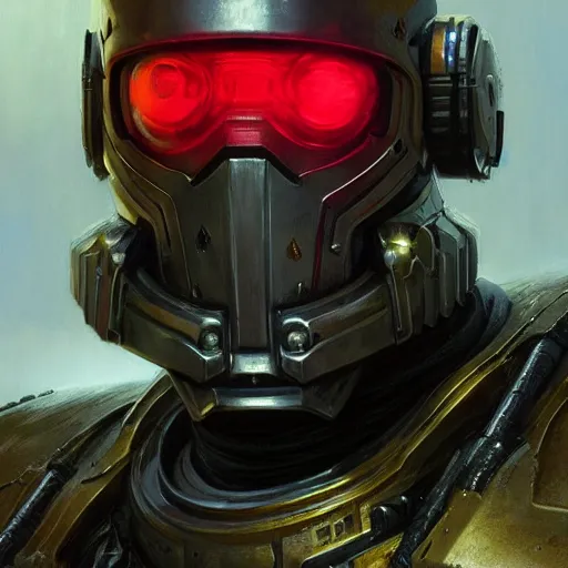 Image similar to the doomslayer with bright glowing armor as a realistic scifi cyberpunk knight, closeup portrait art by donato giancola and greg rutkowski, vintage retro scifi, realistic face, digital art, trending on artstation, symmetry!!!