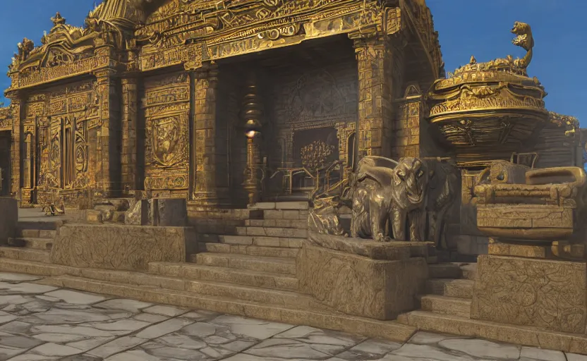 Prompt: memorable animation key shot of a temple, stone steps, giant symmetrical brass lions, sunlight, entrance, paper texture, detailed, ornate, rust, art deco, metal rivets, by ghibli, unreal engine 5, shinji kimura, scene, cinematic lighting