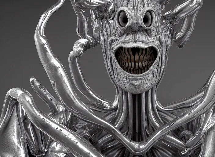 Image similar to stylized shiny polished silver statue full body extra limbs bizarre cosmic horror demonic demon made of marble of slug creature alien, perfect symmetrical body, perfect symmetrical face, hyper realistic, hyper detailed, by johannen voss, by michelangelo, octane render, blender, 8 k, displayed in pure white studio room