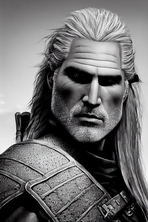 Image similar to portrait of geralt of rivia, 5 5 mm lens, professional photograph, black and white, times magazine, serious