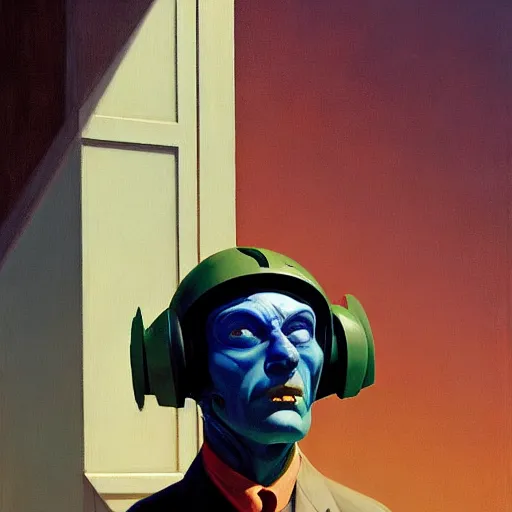 Image similar to Portrait of an engineer with helmet, very coherent, painted by Edward Hopper, Wayne Barlowe, painted by James Gilleard, airbrush, art by JamesJean