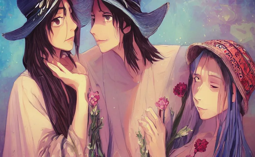 Image similar to bestselling movie poster, official media,a cinematic beautiful closeup moment of lovers saying goodbye wearing boho poncho and sunhat with hyacinths, full body portrait and simple form, brutal shapes, shaman, pixiv, 1970s fashion, official anime media, cinematic lighting, artstation consept artwork by doja cat, charlie bowater, waterhouse, ,greg rutkowski, wong kar wai