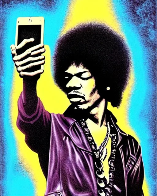 Prompt: grunge rock jimi hendrix taking a selfie with his iphone, instagram, tiktok, postmodern surrealist concert poster, grainy poster art, hand drawn matte painting by lynd ward and gary houston, smooth, sharp focus, extremely detailed, 8 5 mm.
