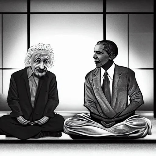 Image similar to Einstein and Obama doing meditation at McDonalds, ultra detailed, photorealistic, dramatic lighting