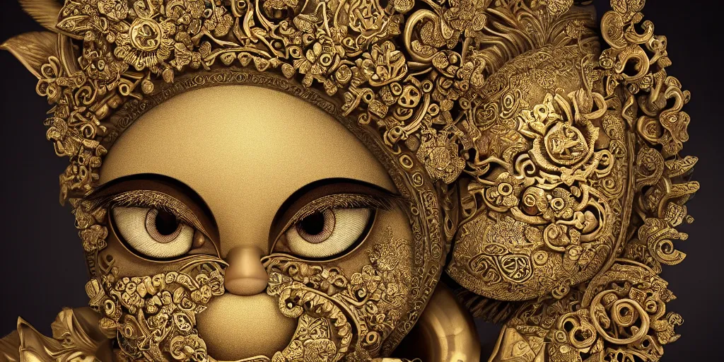 Image similar to ancient javanese hello kitty hybrid with compound eyes portrait photograph, in the style of ancient javanese, insanely detailed and intricate, golden ratio, realistic 3D, hyper-realistic, super detailed, realistic octane render, 8K, fashion photography, hard light