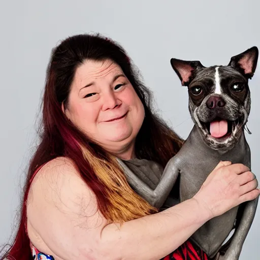 Image similar to worlds ugliest women with her ugly dog, studio photography