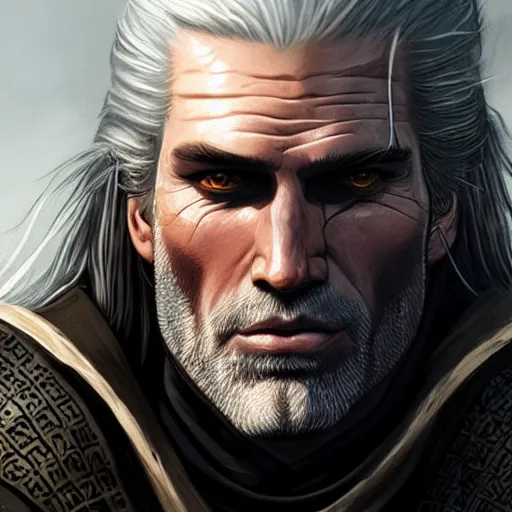 Image similar to closeup portrait of Geralt of Rivia, D&D, fantasy, highly detailed, digital painting, trending on artstation, concept art, sharp focus, illustration, art by artgerm and greg rutkowski and magali villeneuve