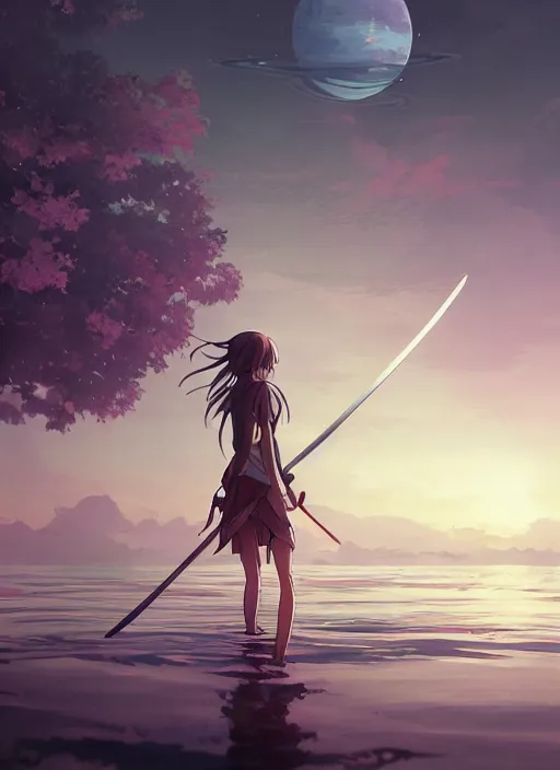 Prompt: anime girl with a katana walking on water, ripples, saturn in the background, low angled, illustration, concept art, anime, key visual, trending pixiv fanbox by wlop and greg rutkowski and makoto shinkai and studio ghibli