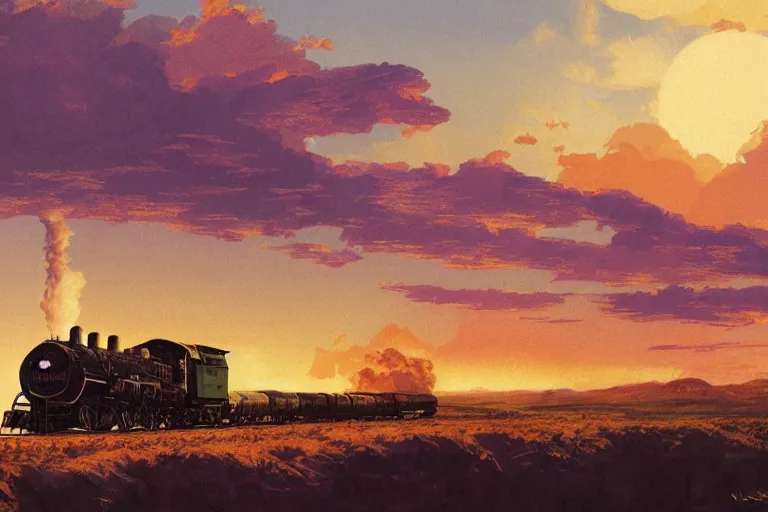 Image similar to idyllic old western freight train illustration by syd mead, artstation, 4 k, graphic novel, concept art, matte painting, steam engine spewing billowy white clouds of steam, beautiful mountain desert sunset background, golden hour